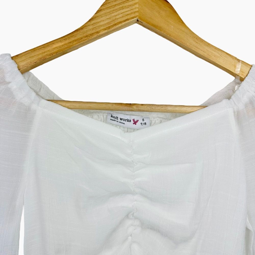 Knit Works Cottagecore White Ruched Ruffle Trim Crop Top - Picture 6 of 6